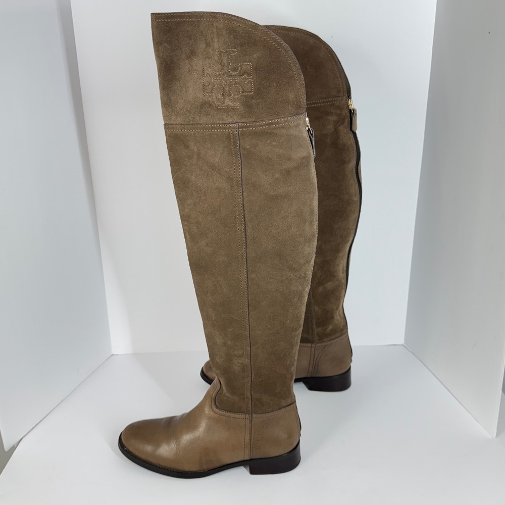 Tory Burch Women Brown Suede Leather Riding Boots Logo Tall Boots 6.5 Equestrian